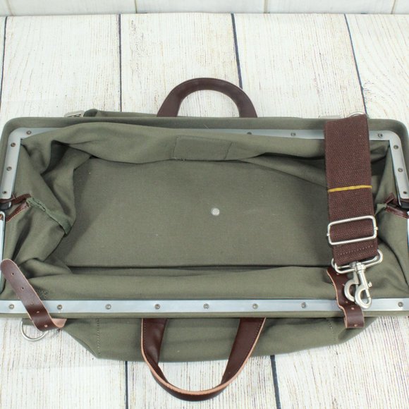 Green Canvas Leather Handle Studded Metal Clasp Heavy Duty Tool Bag - Picture 6 of 10